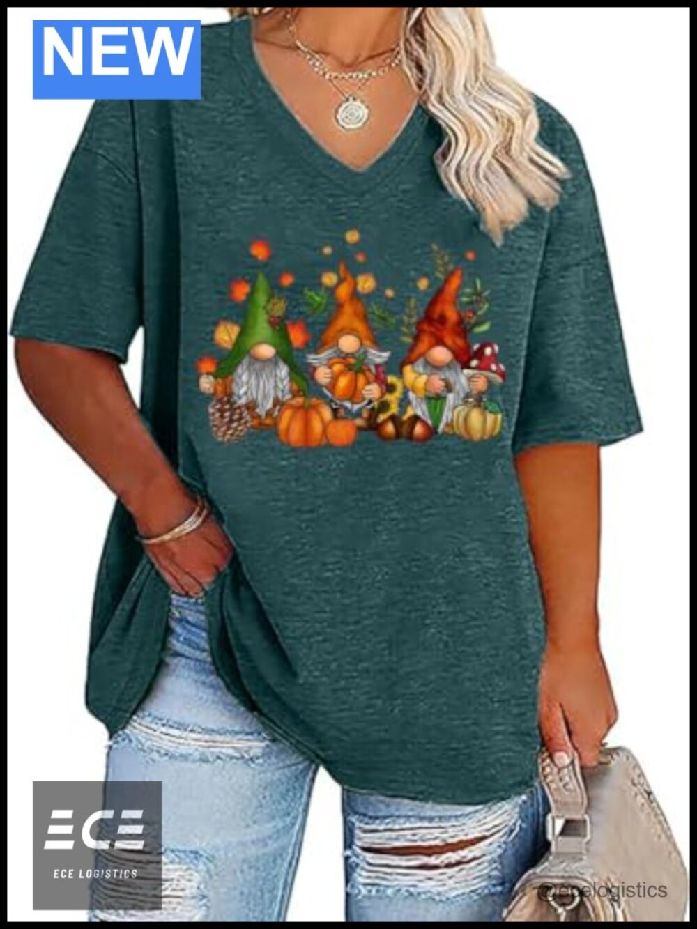 Plus Size V-Neck Fall T-Shirt Women Funny Graphic Pumpkin Casual Tunic Top